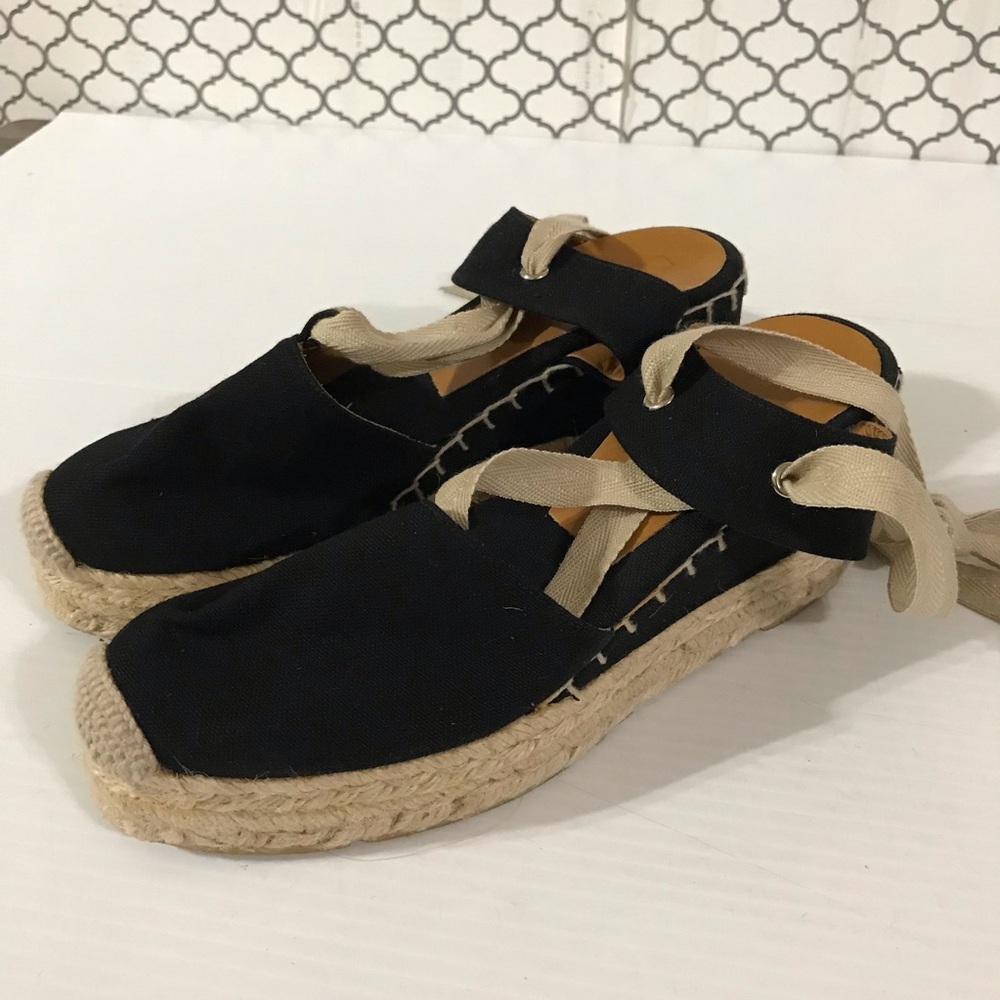 Ralph Lauren Collection Wedge Espadrille Tie-Ankle Sandal in Black Size 7.5B